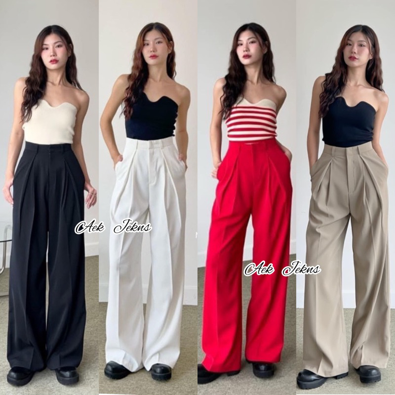 Style วินเทจ 🖤กางเกงขากระบอกเอวสูง ผ้าญี่ปุ่นทรงสวยใส่สบาย✨✨