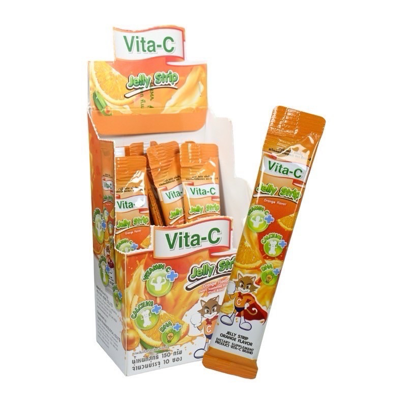 10ซอง vitamin c vita c ไวต้า-ซี เจลลี่ สตริป เจลลี่ วิตามินชี พลัส DHA และแคลเซียม ขนมเยลลี่ รสส้ม