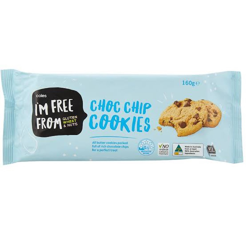 cr coles i’m free from gluten choc chip cookies 160g. คุกกี้ช็อกโกแลตชิพ นำเข้าจากออสเตรเลีย🇦🇺