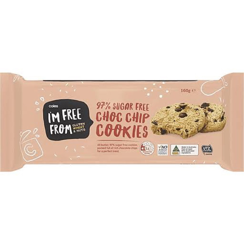cr coles 97% sugar free choc chip cookies 160g. คุกกี้ช็อกโกแลตชิพ กลูเต้นฟรี นำเข้าจากออสเตรเลีย🇦🇺