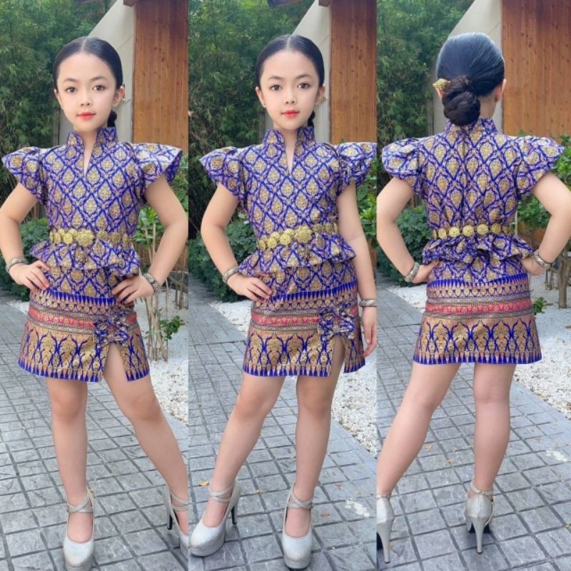 ชุดไทยประยุกต์เสื้อแขนระบาย + กระโปรงสั้นแต่งโบว์(ไม่รวมเครื่องประดับ) ชุดไทยเด็กหญิง ชุดไทยเด็กอนุบาล ชุดไทยเด็ก