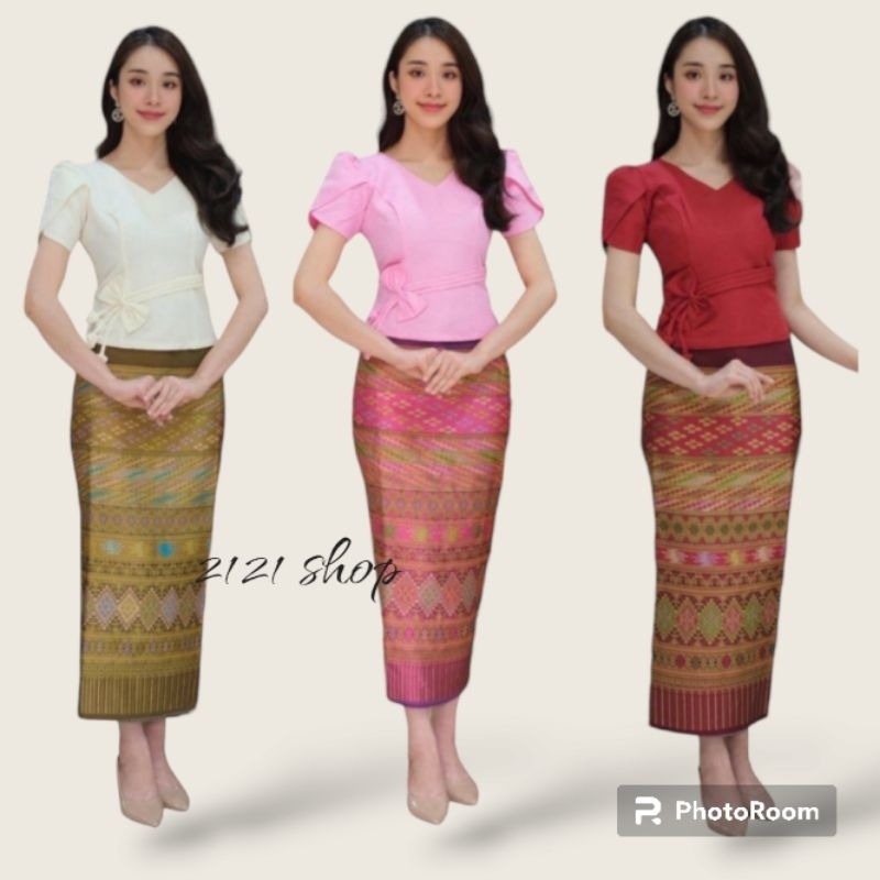 เสื้อไหมลาว แขนสั้น โบว์ขวา 8สี อัดกาวทั้งตัว งานนำเข้า