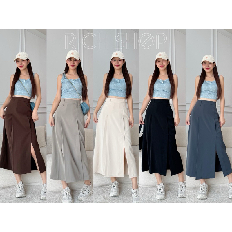 พร้อมส่ง กระโปรงยาวจีบข้างผ่าหน้าเข่า (ผ้าลินลี่) ทรงสวยเข้ารูป