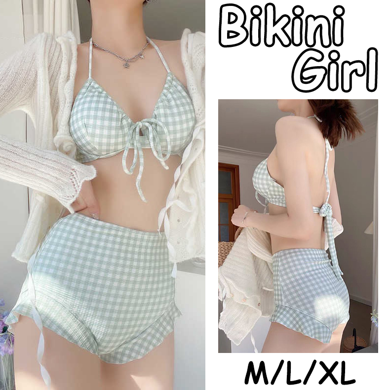 ชุดว่ายน้ํา ทูพีช เอวสูง 💗 ชุดว่ายน้ำลายสก๊อต 👙 สามารถผูกด้านหลังได้🚚ส่งไวจากไทย1-3วัน#0193