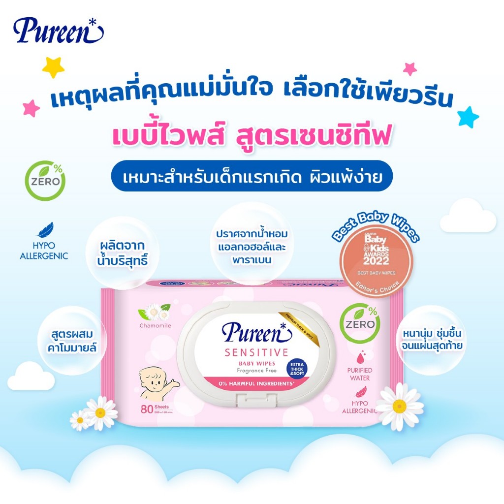 [แพ็ค12] Pureen ทิชชู่เปียกเด็ก สูตรอ่อนโยน ผลิตจากน้ำบริสุทธิ์