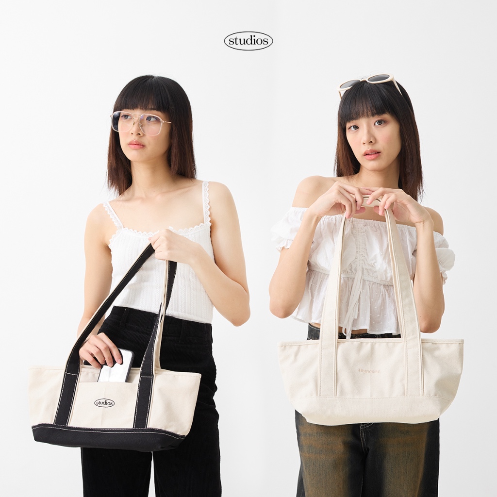BEST SELLER! HOMELAND - กระเป๋าผ้า canvas สไตล์ญี่ปุ่น ปักลาย มีซิปปิด ไซส์ยาว (Long) สีครีม / สีครีมดำ