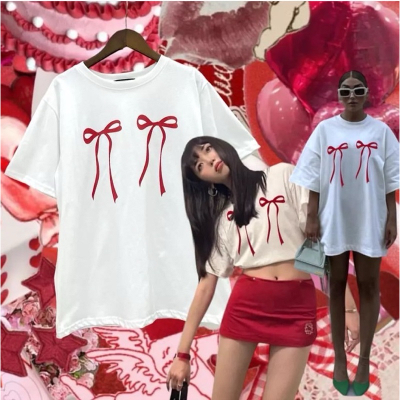 ส่งด่วน 🍅 UPM bow t-shirt เสื้อยืดคอกลมผ้าคอตตอนอย่างดี สกรีนลายโบว์คู่