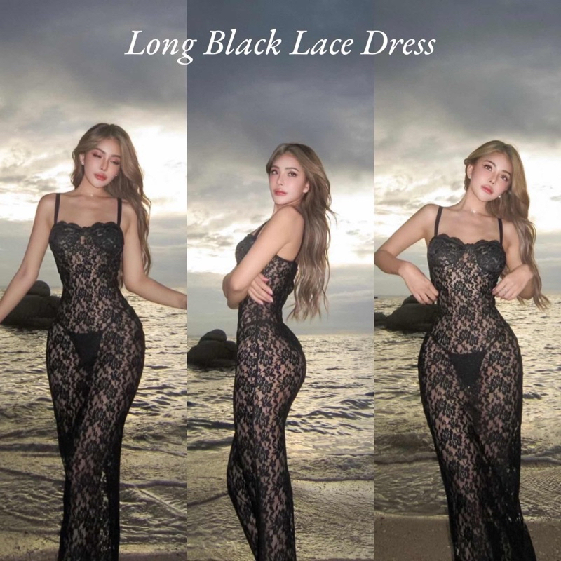 ( ลดเพิ่ม 100.- กรอกโค้ด "HYPENOV") HH556 Long Black Lace Dress (620.-)