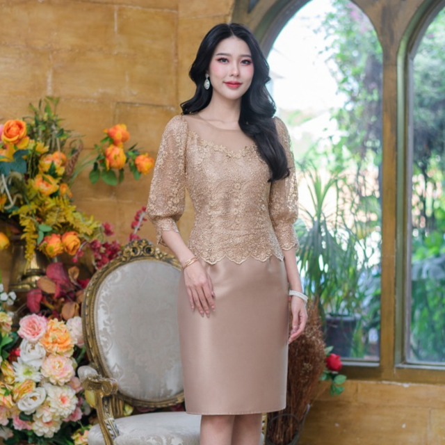 All Ladies เดรสผ้าไหมลูกไม้เลื่อมแขนจั้ม ลูกไม้เงาปักลายผสมเลื่อมหรูหรา ผ้าสวย งานจริงสวยมากทรงสวยใส่แล้วดูหรูหรา
