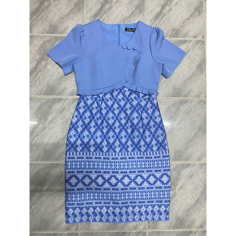 เดรสผ้าไทย Phawi ไซต์M ❣️เดรสทำงาน ผ้าไทยสีฟ้า