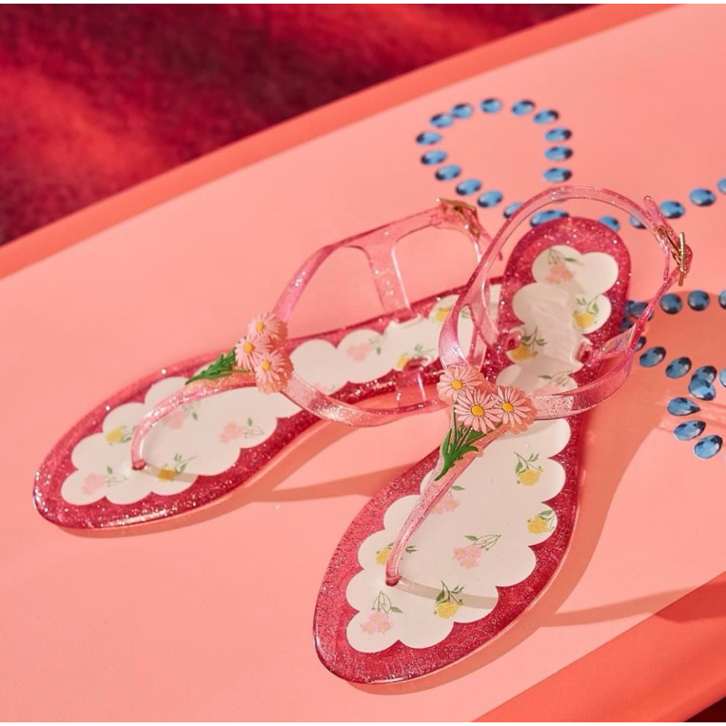 [NEW] Lyn around แท้💯 รองเท้ารัดส้น เจลลี่ กริตเตอร์ ลายดอกไม้ (สีชมพู)