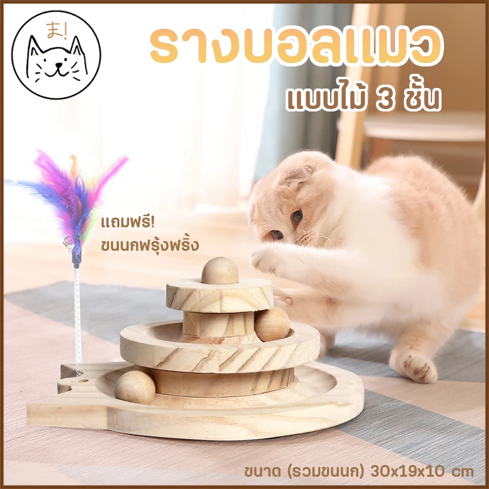 KUMAま รางบอลแมว แบบไม้ 3 ชั้น ของเล่นแมว แถมฟรี! ขนนกตกแมว ไม้ตกแมว ขนนก Joy Tower บอลแมว รางบอล Cat toy