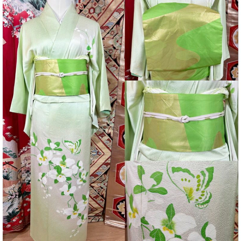 พร้อมส่ง set Kimono กิโมโน สีเขียวอ่อน มือสองของแท้จากญี่ปุ่น