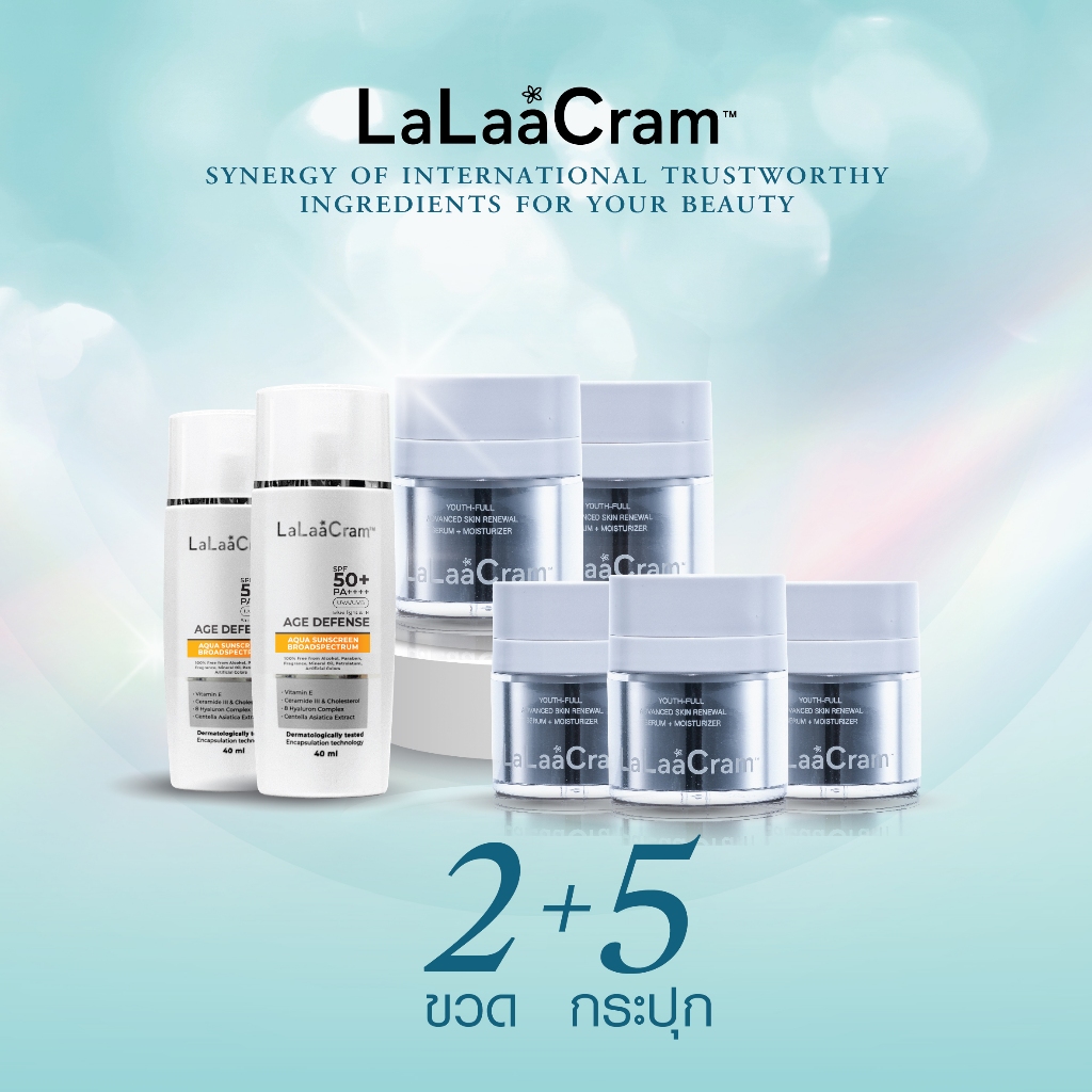 LaLaaCram SERUM + MOISTURIZER, 30ml x 5 bottles &  Anti-Aging Sunscreen  SPF50+ PA++++ 40ml x 2 bott