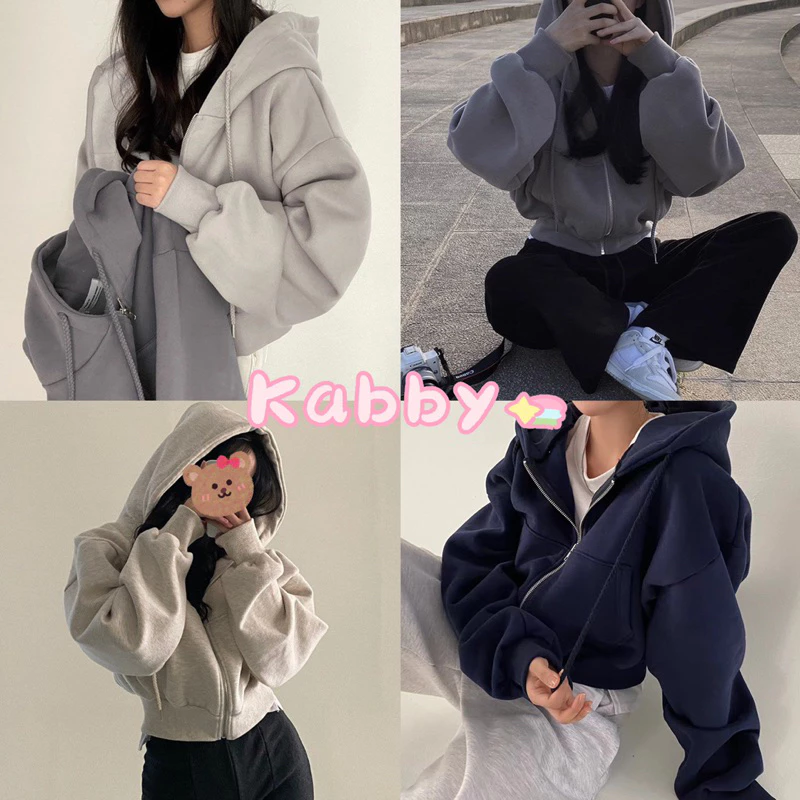 พร้อมส่ง🎀 เสื้อกันหนาวฮู้ด คลุมแขนยาว มีซิป เนื้อผ้านิ่ม ครอป