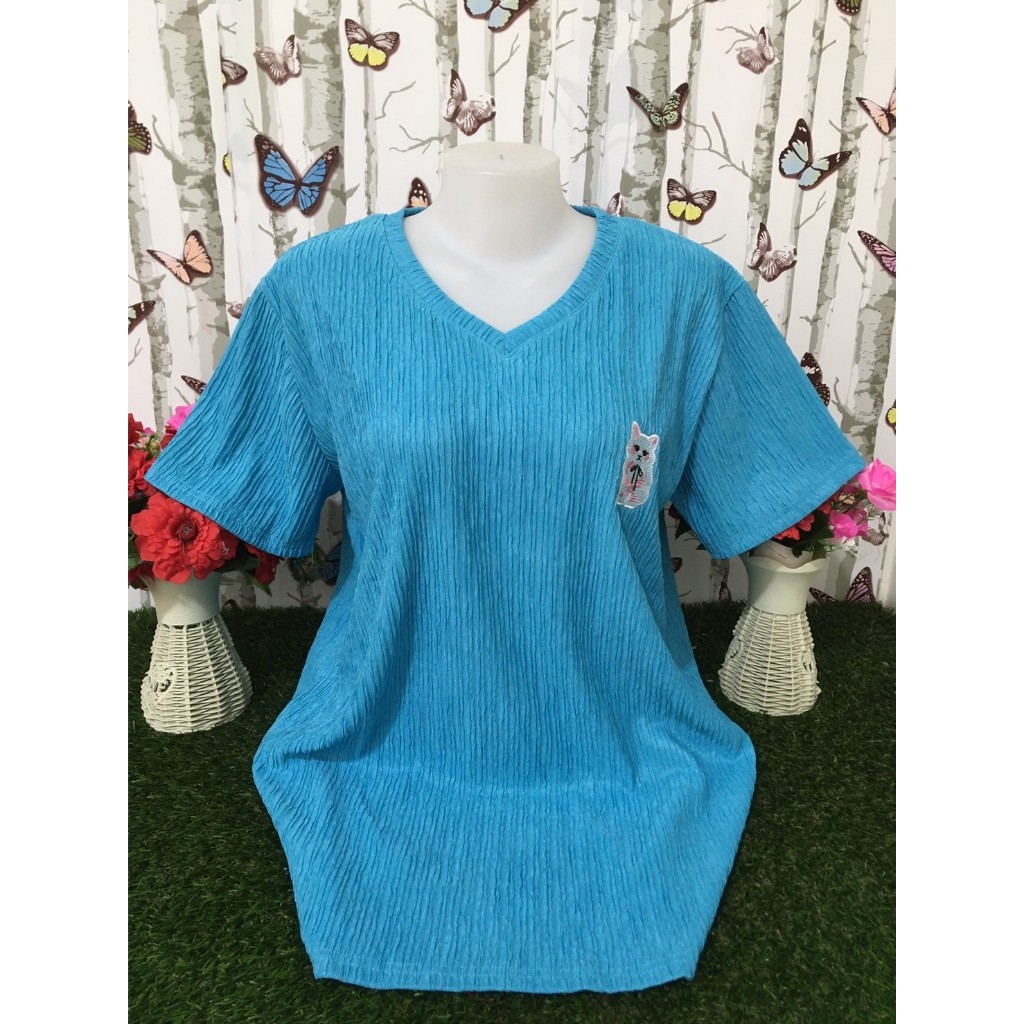 เสื้อแฟชั่นคอวีแขนสั้น ผ้าทอฟฟี่สีพื้น อก 34-44นิ้ว สาวอวบใส่สวยมาก รุ่น1719-แมว