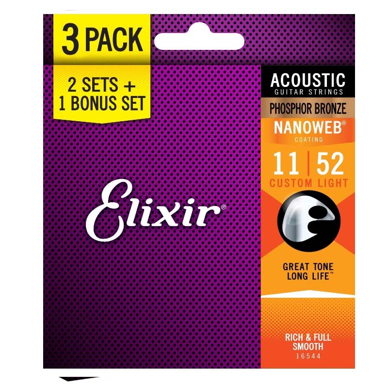 Elixir สายกีตาร์ 16544/16539 Light 80/20 Bronze Nanoweb สายกีตาร์อะคูสติก 3-Pack (.011-.052/.012.053)