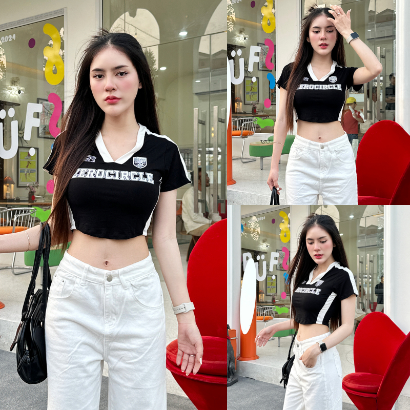 SpinnyHouse เสื้ื้อครอปแฟชั่น ผ้ายืดเยอะ สาวอวบใส่ได้แน่นอน ทรงคอวี เข้ารูป รุ่น เสื้อzero B-002-4-BB