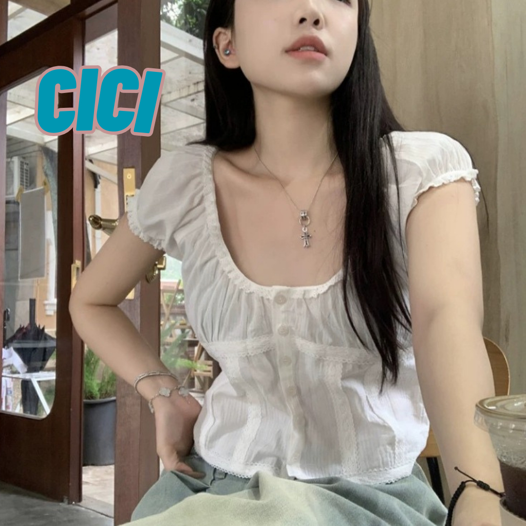 ส่งทันที Cici(NO. 3206)เสื้อครอปเเขนสั้น ผ้าคอตตอน กระดุมหน้า ดีเทลปักลูกไม้ สไตล์วินเทจมินิมอล