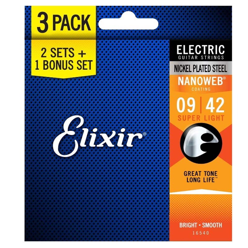 Elixir สายกีตาร์ไฟฟ้า 16540/16542 พร้อมการเคลือบ NANOWEB 3 แพ็ค Super Light/Light