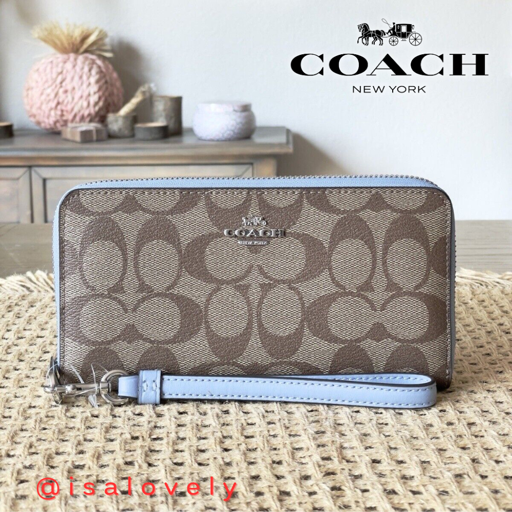 📌Isa Lovely Shop📌  COACH C4452 LONG ZIP AROUND WALLET IN SIGNATURE CANVAS COLOR: Marble Blue