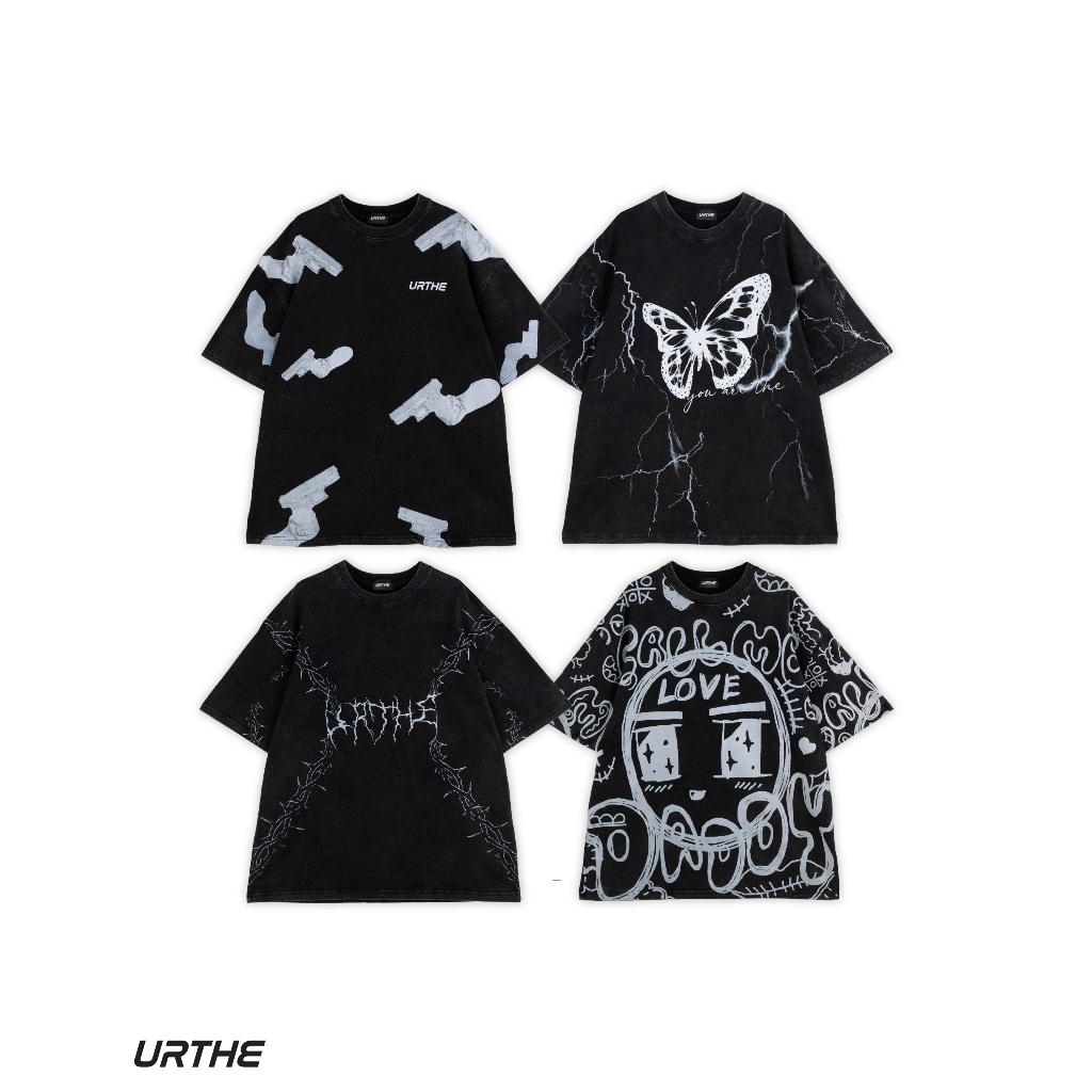 URTHE - เสื้อยืด เเขนสั้น ทรง Oversized ผ้าฟอก สกรีนลาย OVER ACID