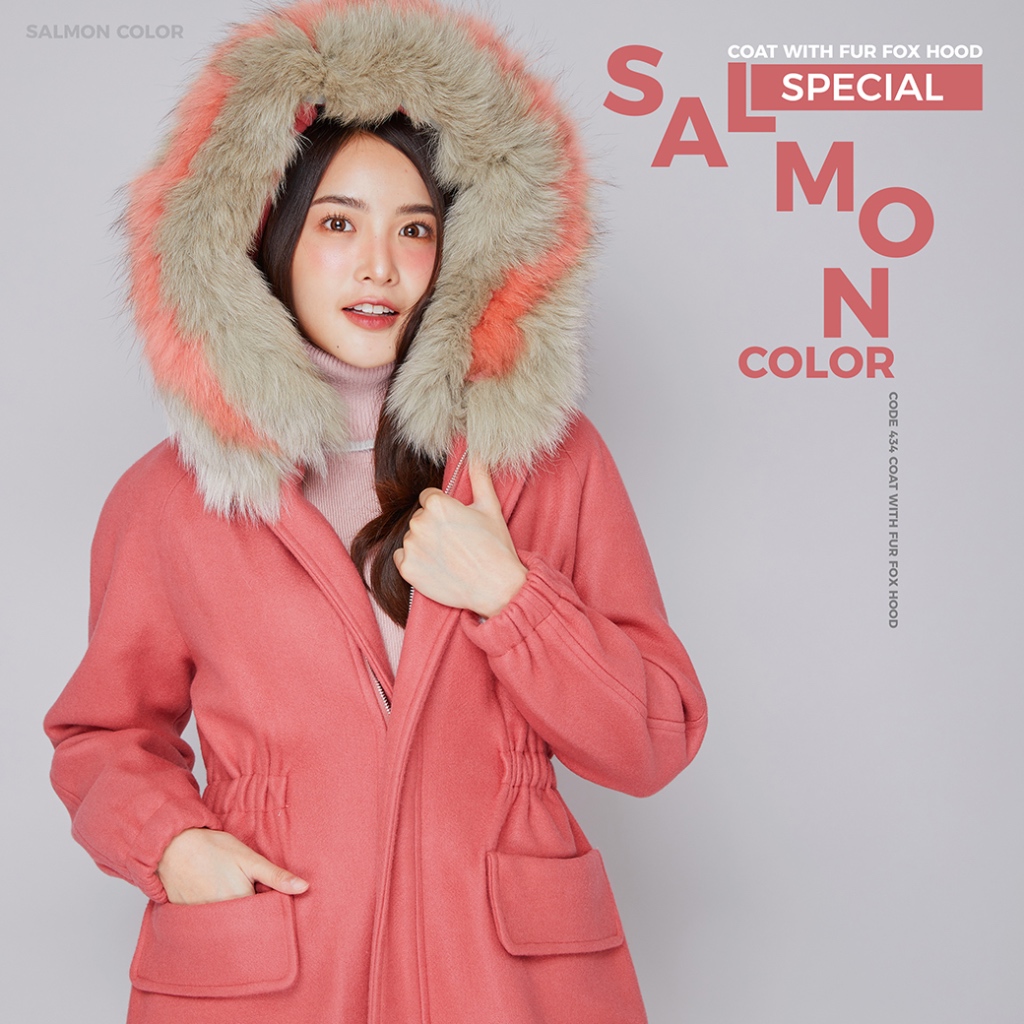 COATOVER WITH FUR FOX HOOD : SALMON SPECIAL COLOR