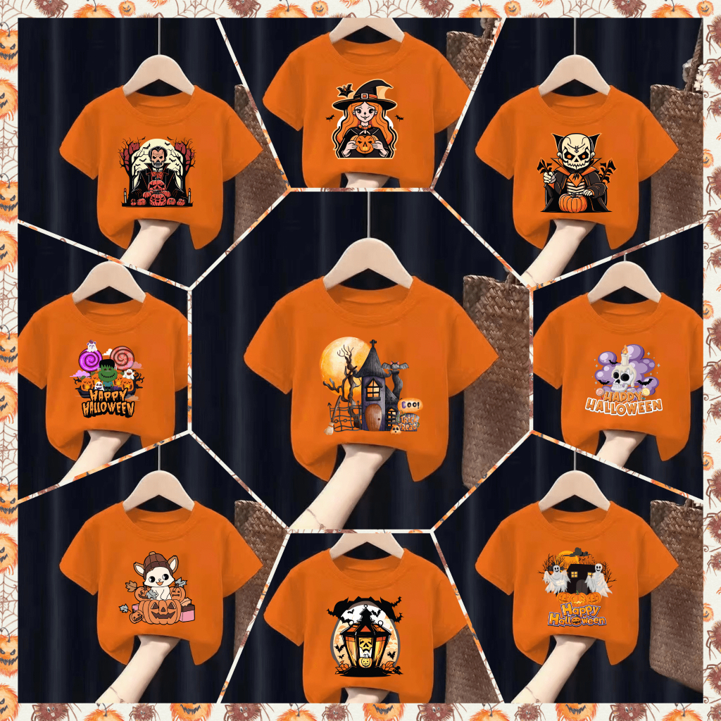 เสื้อยืดเด็กพิมพ์ลายการ์ตูน วันฮาโลวีน (Halloween) น่ารักๆๆ "สีส้ม" เนื้อผ้าฝ้าย Pattern 465-476