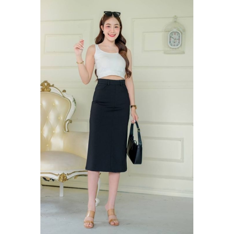 พร้อมส่ง กระโปรงทรงเอ ยาว 30 นิ้ว รุ่นผ้าโรเชฟมีกระเป๋า✨️ 6 สี ซิปหลัง - รูปที่ 4