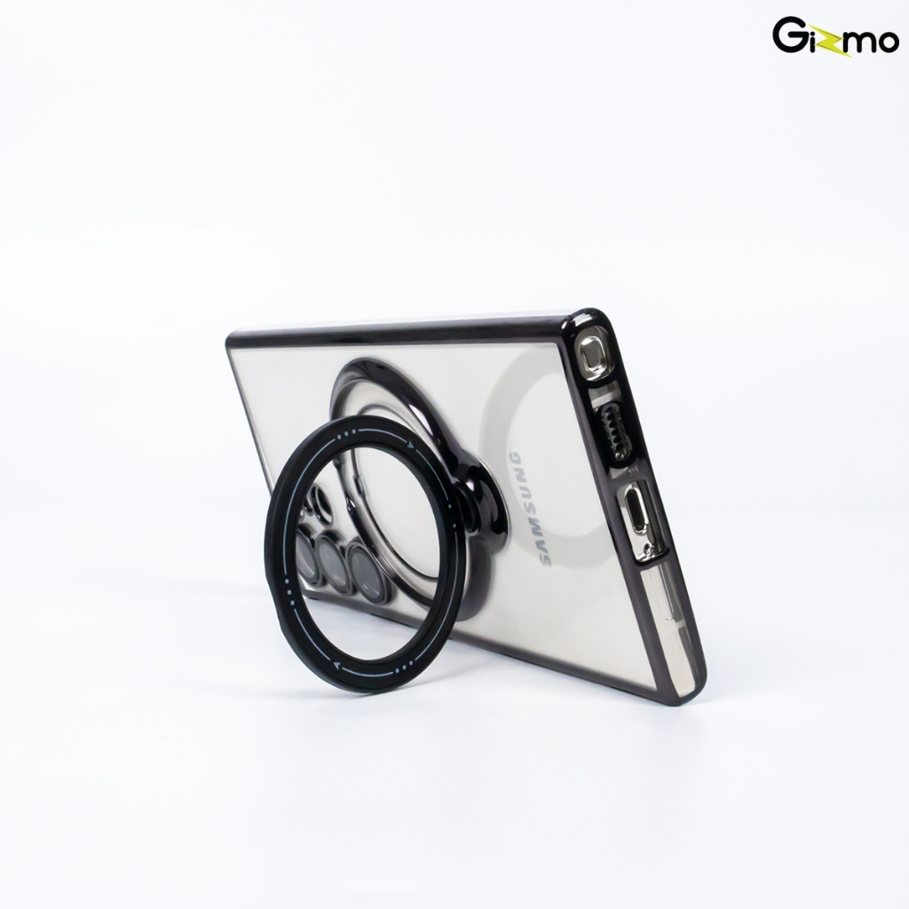 Gizmo Mag Ring Stand รุ่น S23 Ultra,S24 Ultra เคสชาร์จได้ มีขาตั้ง ขอบดำ/เงิน เคสนิ่มใส(ตัวเคสมีฟิล์มเลนส์ติดให้)