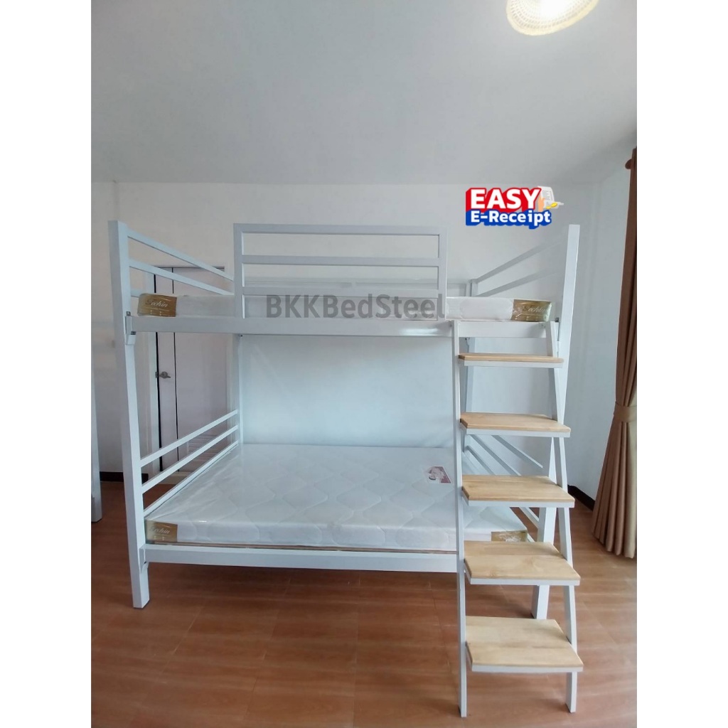 เตียง2 ชั้น บันไดปีนท้ายเตียง กันตกรอบเตียง ทำจากเหล็กกล่อง 2x2 นิ้ว หนา 1.2 มิล พร้อมไม้รองเตียง