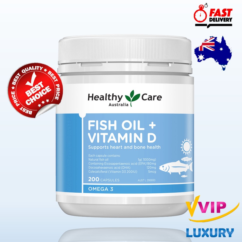 น้ำมันปลาและวิตามินดี3 Healthy Care Fish Oil + Vitamin D 200 Capsules exp03/2027