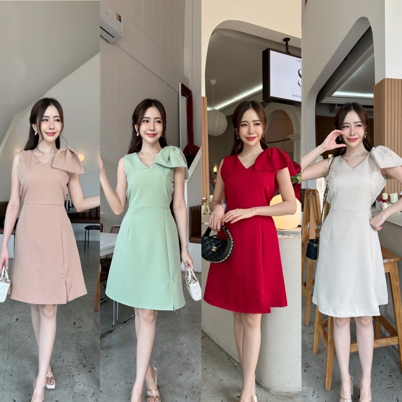C95- Chanom Dress เดรสคอวีแขนกุดดีเทลแต่งโบว์ไหล่ข้างเดียวมีสายผูกเอว