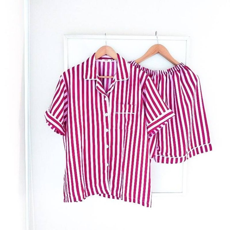 ชุดเซทสาวอวบ เสื้อฮาวาย ผ้าไหมญี่ปุ่นพรีเมียม  อก 48" Pink Stripe งานตัดเย็บของทางร้าน