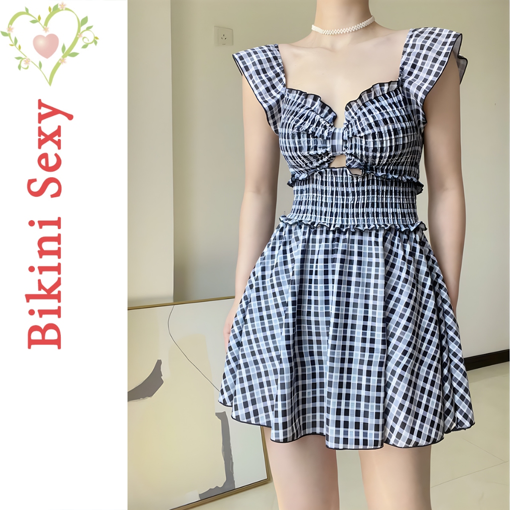 BikiniSexy ชุดว่ายน้ํา กระโปรง ชุดว่ายน้ําหญิง ลายสก๊อต ส่งจากไทย #0096