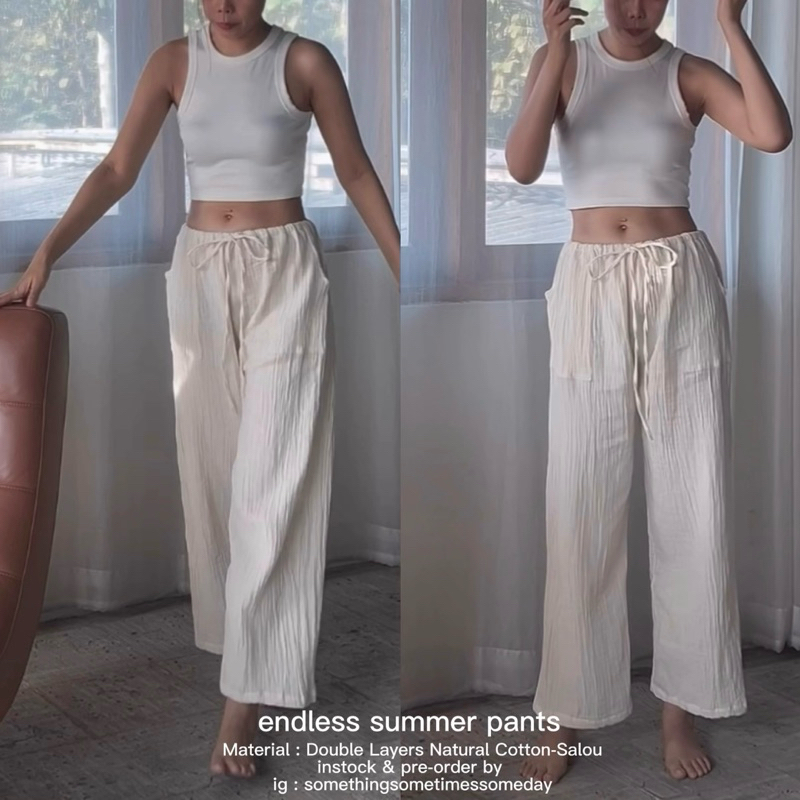 กางเกงผ้าสาลูอัดย่น 2 ชั้น ขายาว (endless summer pants) ใส่สบายๆ ใส่ไปทะเล