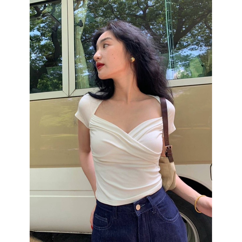 mnv_shop เสื้อแขนสั้นแต่ง จีบที่อกไขว้ หน้า เนื้อผ้าดี ยืดเยอะ งานแปะสวยมากๆ(psshop2) ราคา ถูกที่สุด ดีลบีเคเค