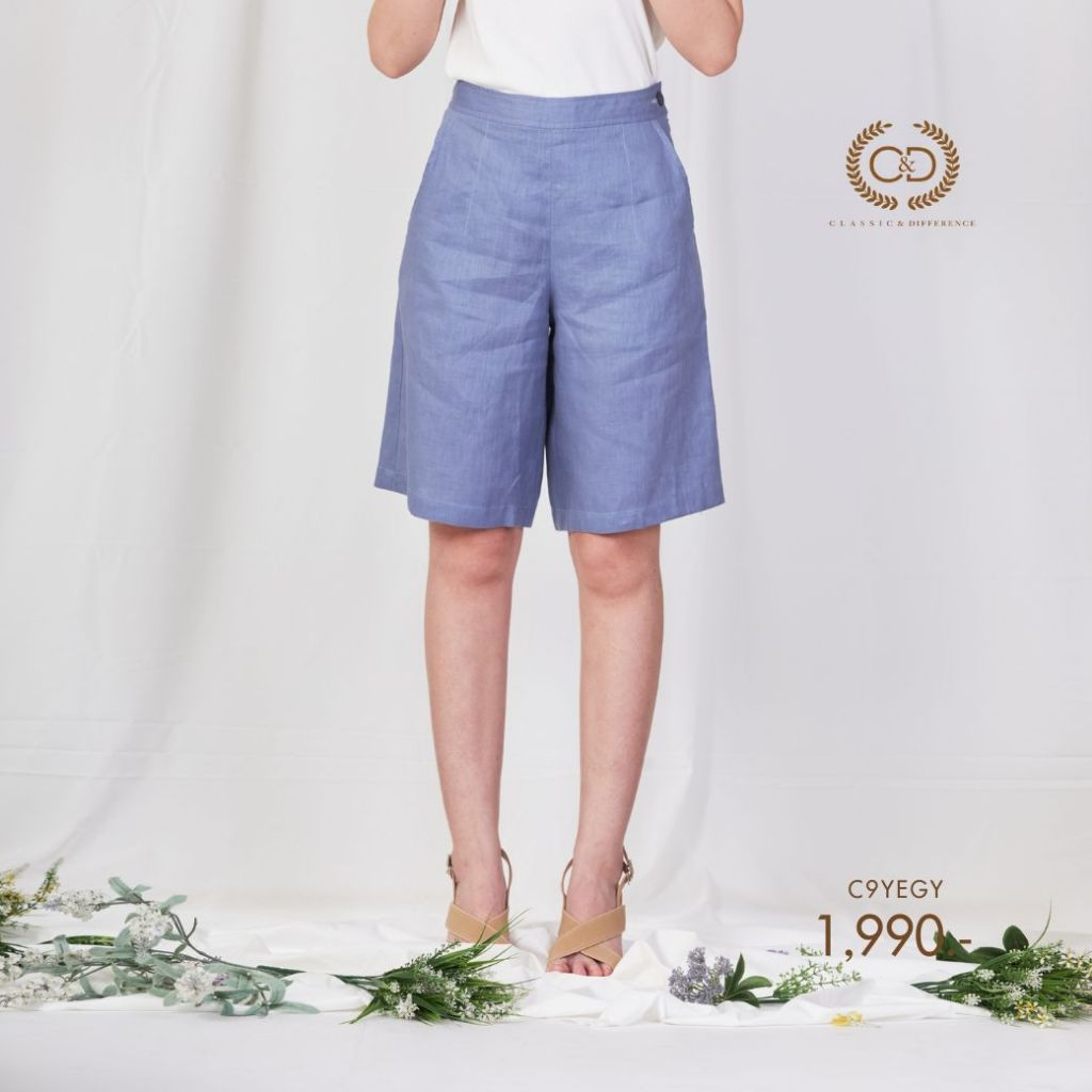 C&D กางเกงผู้หญิง ลินินพรีเมี่ยม ขาสั้น สีฟ้าเทา (C9YEGY)