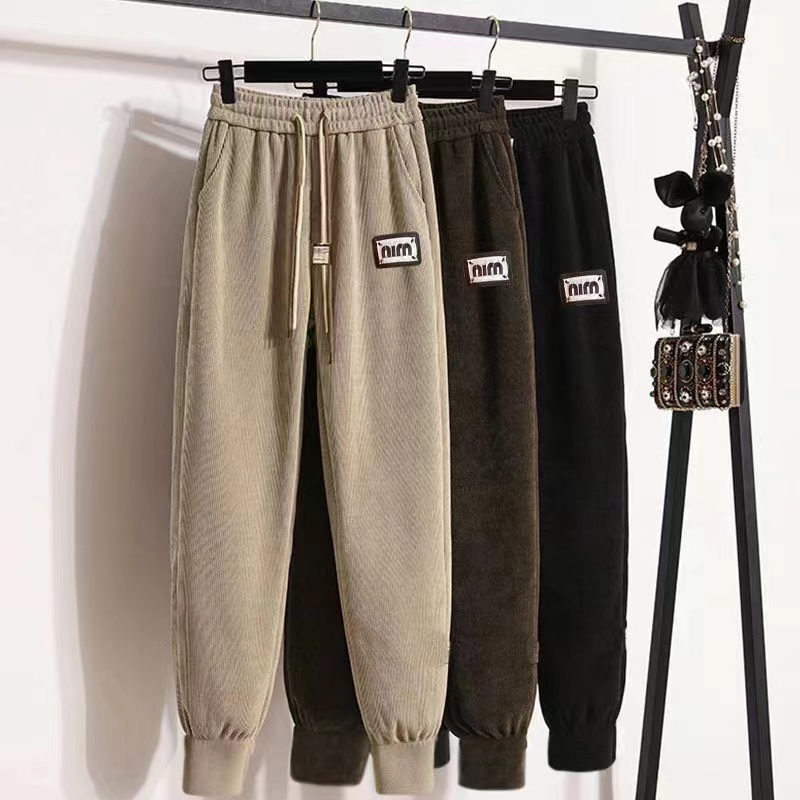 พร้อมส่ง กางเกงขายาว ผ้าลูกฟูก เอวยางยืด กระเป๋าข้างเชือกยิ้มถ่ายรูปงานจริง