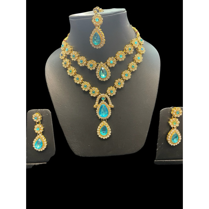 necklaceสร้อยคอหยดน้ำตาอินเดีย# ชุดเครื่องประดับสไตล์อินเดีย ชุดสร้อยคออินเดียใส่กับชุดแขก ครบชุด พร้อมต่างหู จี้หน้าผาก - รูปที่ 3