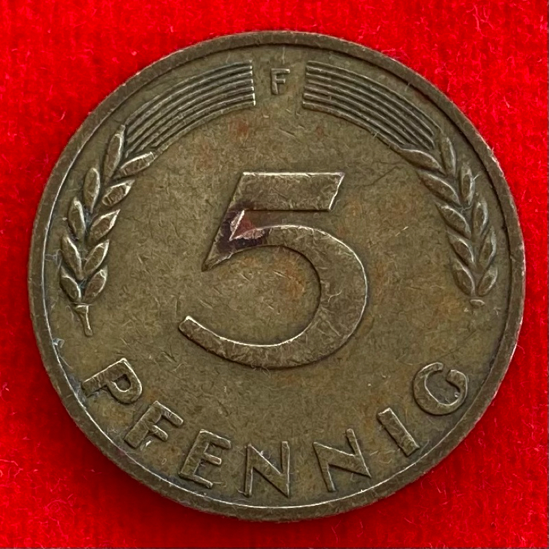 🇩🇪 เหรียญเยอรมัน Germany 5 pfennig ปี 1949F เหรียญ​ต่างประเทศ