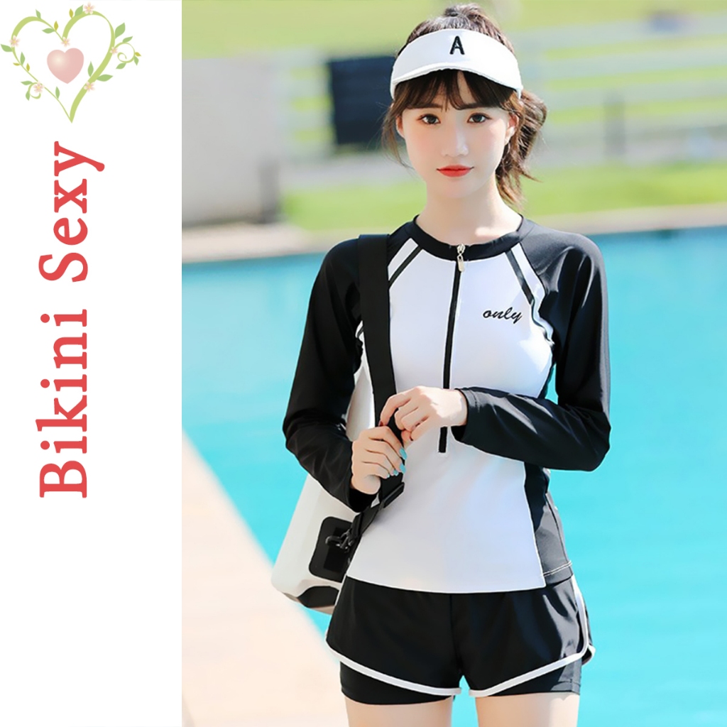 BikiniSexy ชุดว่ายน้ํา ทูพีช กางเกงขาสั้น เสื้อว่ายน้ําแขนยาว กันuv ส่งจากไทย #0087