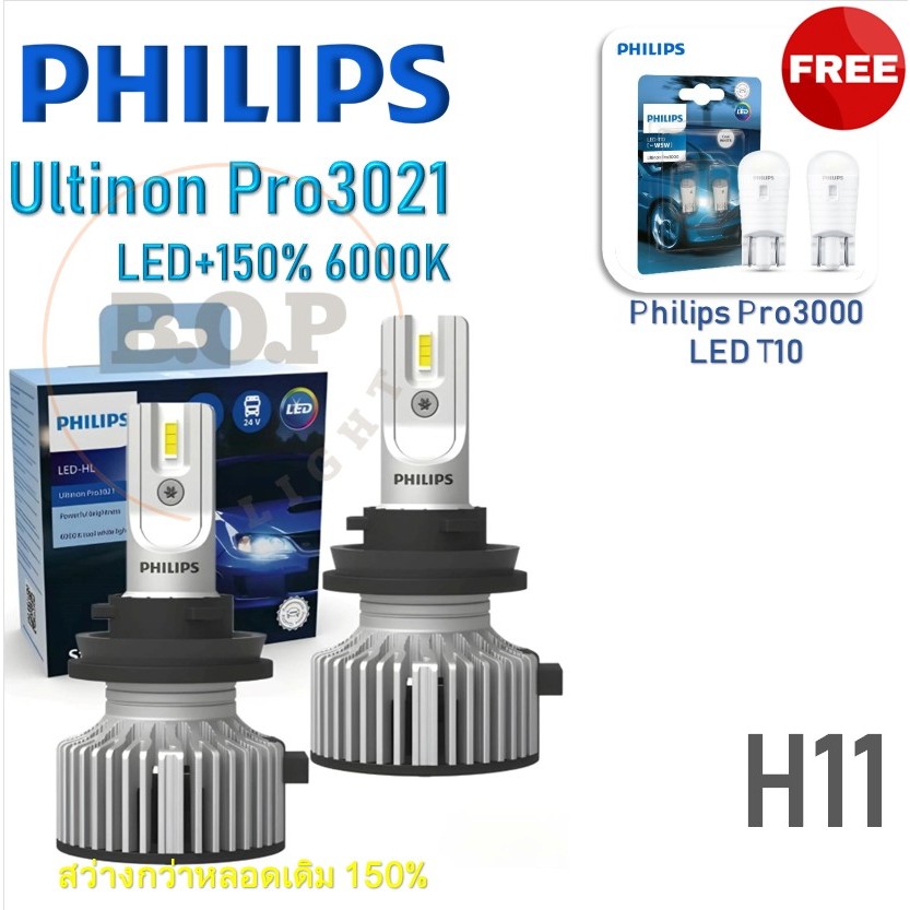 Philips หลอดไฟหน้ารถยนต์ Ultinon Pro3021 Gen3 LED+150% 6000K (12/24V) H11 แถม Philips Pro3000 LED T10 (กล่อง/2 หลอด)