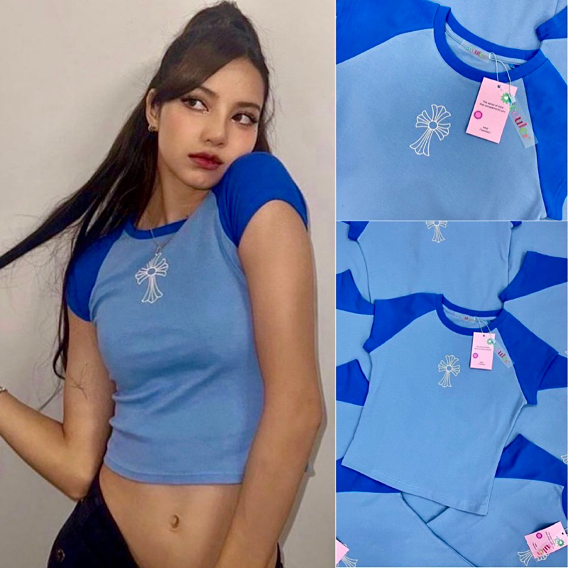 Ch hearts tee เสื้อยืดทรงครอปแขนน้ำเงิน สกรีนโลโก้ Ch hearts tee