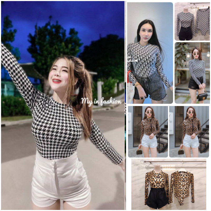 เสื้อบอดี้สูทคอกลมลายเสือสุดหรูกระดุมแกะได้