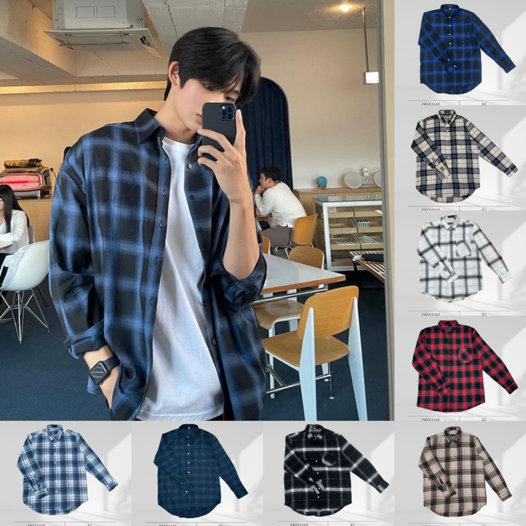 Baystore - เสื้อเชิ้ตแขนยาวลายสก๊อตแฟชั่น