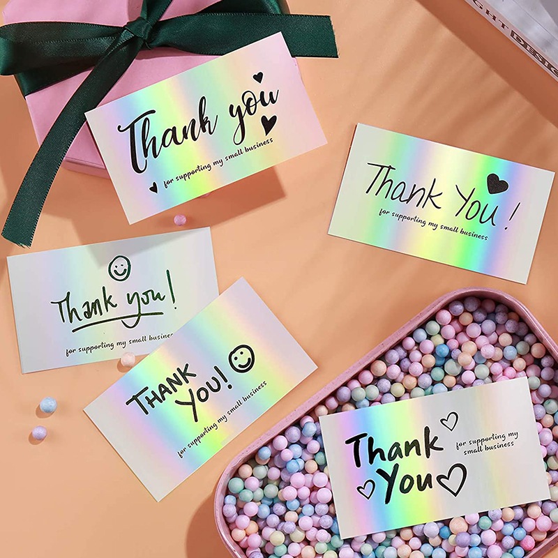 พร้อมส่ง ถูกสุด ใบละ1บาท มี19แบบ thank you card การ์ดขอบคุณ สีเงิน/ทอง การ์ดเปลี่ยนสีสายรุ้ง กระดาษหนา สำหรับแม่ค้า