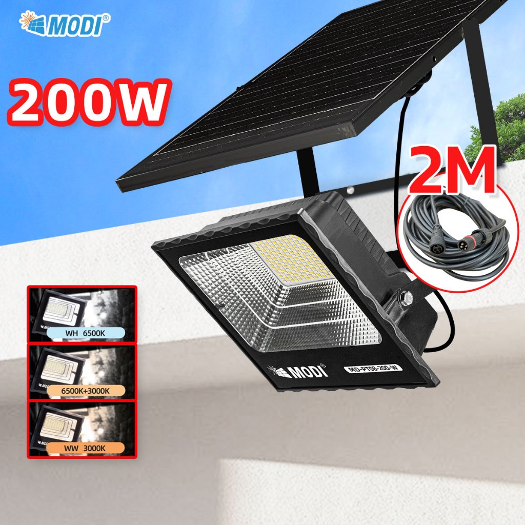 MODI ไฟสปอตไลท์โซล่าเซลล์ 200W 3แสง รีโมทคอนโทรล สว่างค้าง Solar Light ไฟส่องป้ายโฆษณา