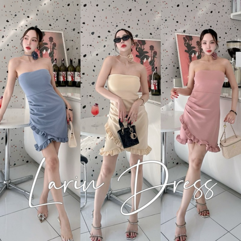 Wendystore182(Larin Dress)เดรสเกาะอกดีเทลแต่งระบายชายกระโปรง พร้อมโชคเกอร์ดอกไม้