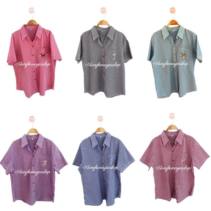 เสื้อเชิ้ตผู้ใหญ่ เสื้อเชิ้ตผู้หญิงแขนสั้น ลายสก็อตแขนสั้น รอบอก40-50นิ้ว